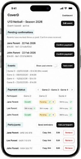 Organiser CoverD dashboard on a phone